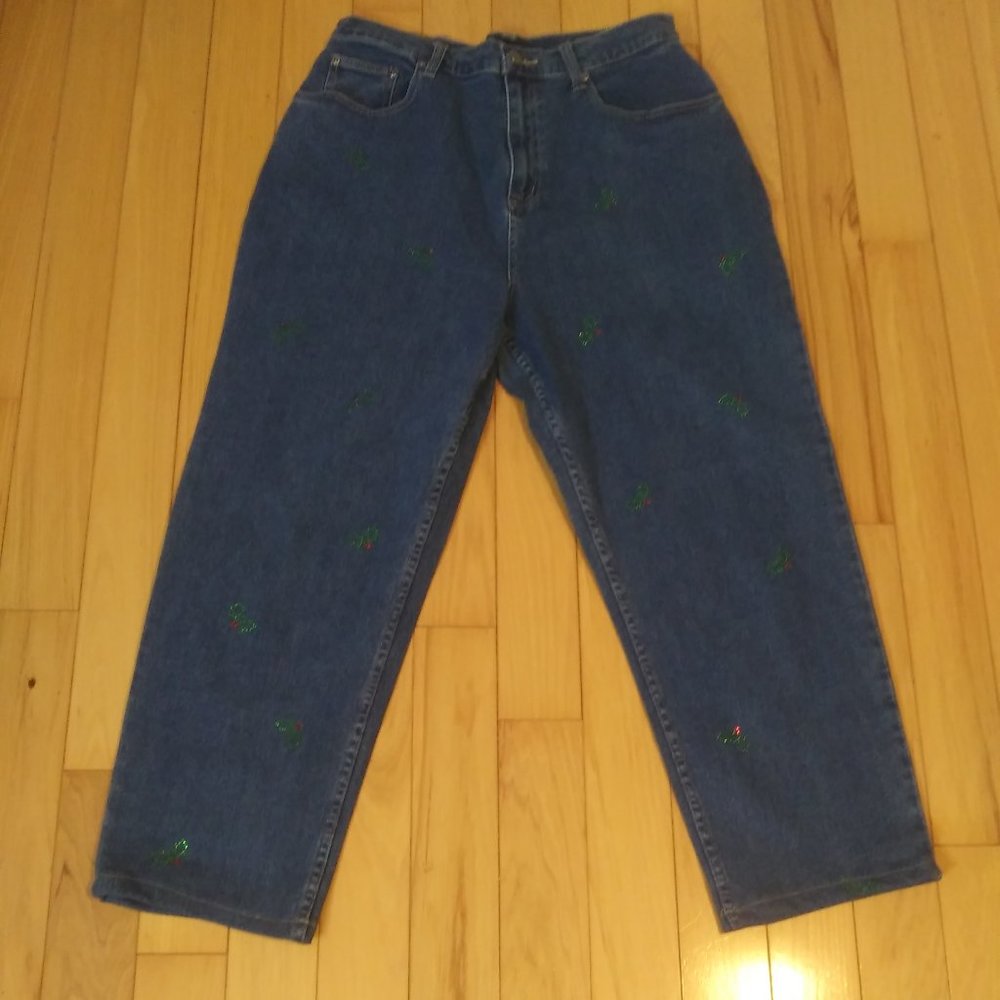The Quacker Factory Holiday jeans rhinestones Holly and berries ALTERED